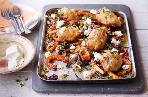 These tender baked chicken thighs with a healthy side of butternut squash are the perfect answer for those speedy midweek meals
