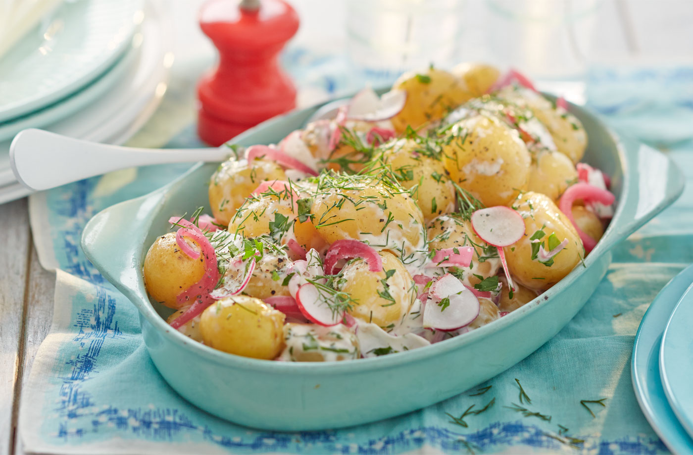 Scandi potato salad with radish and quick-pickled red onion recipe