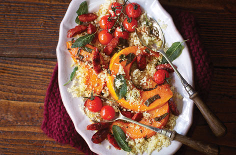 Salads aren't just for summer. This dish is bursting with flavour and is a lovely option for an autumnal lunch. Roasted butternut squash's sweet, nutty taste is great when matched with lightly spicy chorizo. The mustardy, vinegary dressing is a treat, too.