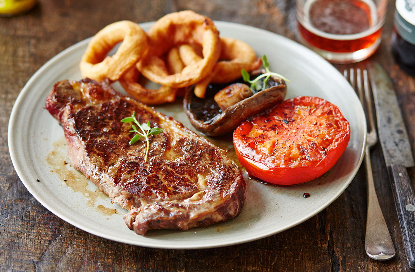 Sirloin steak with golden onion rings  recipe