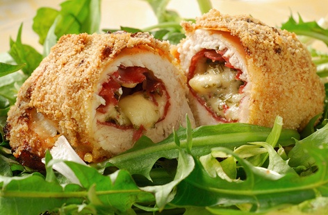 Chicken breasts stuffed with cheese and cured meat are a match made in foodie heaven – and this tasty recipe uses mozzarella and Bresaola (air-dried, salted beef). The chicken is rolled in breadcrumbs for a lovely, crunchy coating.