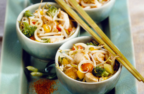 After an easy, tasty way to get more veg into your diet? This chicken and vegetable stir-fry uses a gorgeous medley of red onion, carrot, peppers, celery, broccoli, mushrooms and bean sprouts, cooked with garlic, soy sauce and oyster sauce.