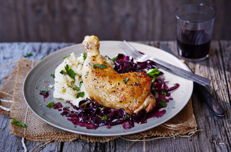 Try these fuss-free, one-pot braised chicken legs with red cabbage for dinner tonight