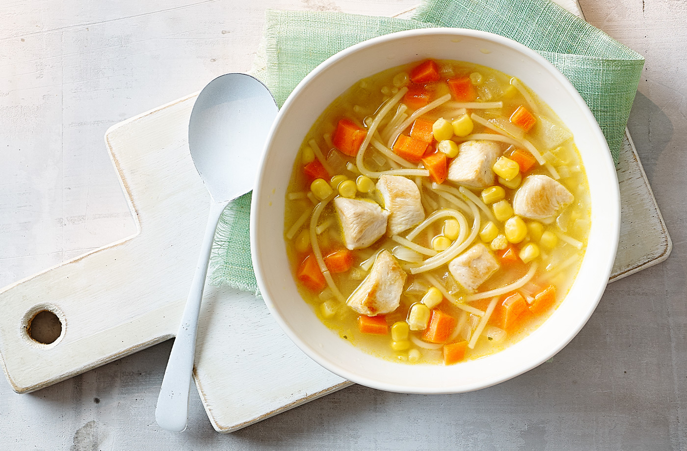 Chicken, sweetcorn and carrot spaghetti soup recipe