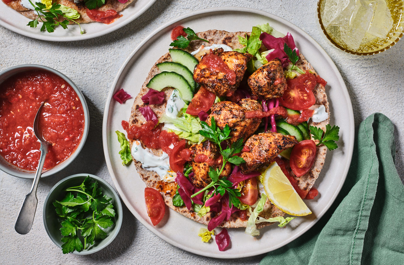 Chicken kebabs with homemade chilli sauce and flatbreads recipe