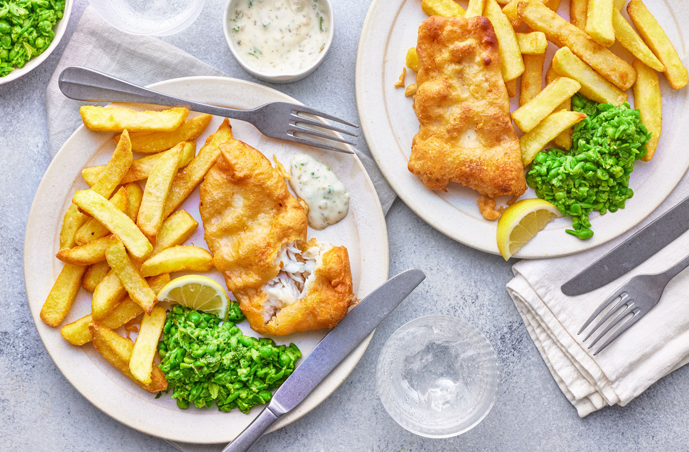 Beer-battered fish with mushy peas recipe