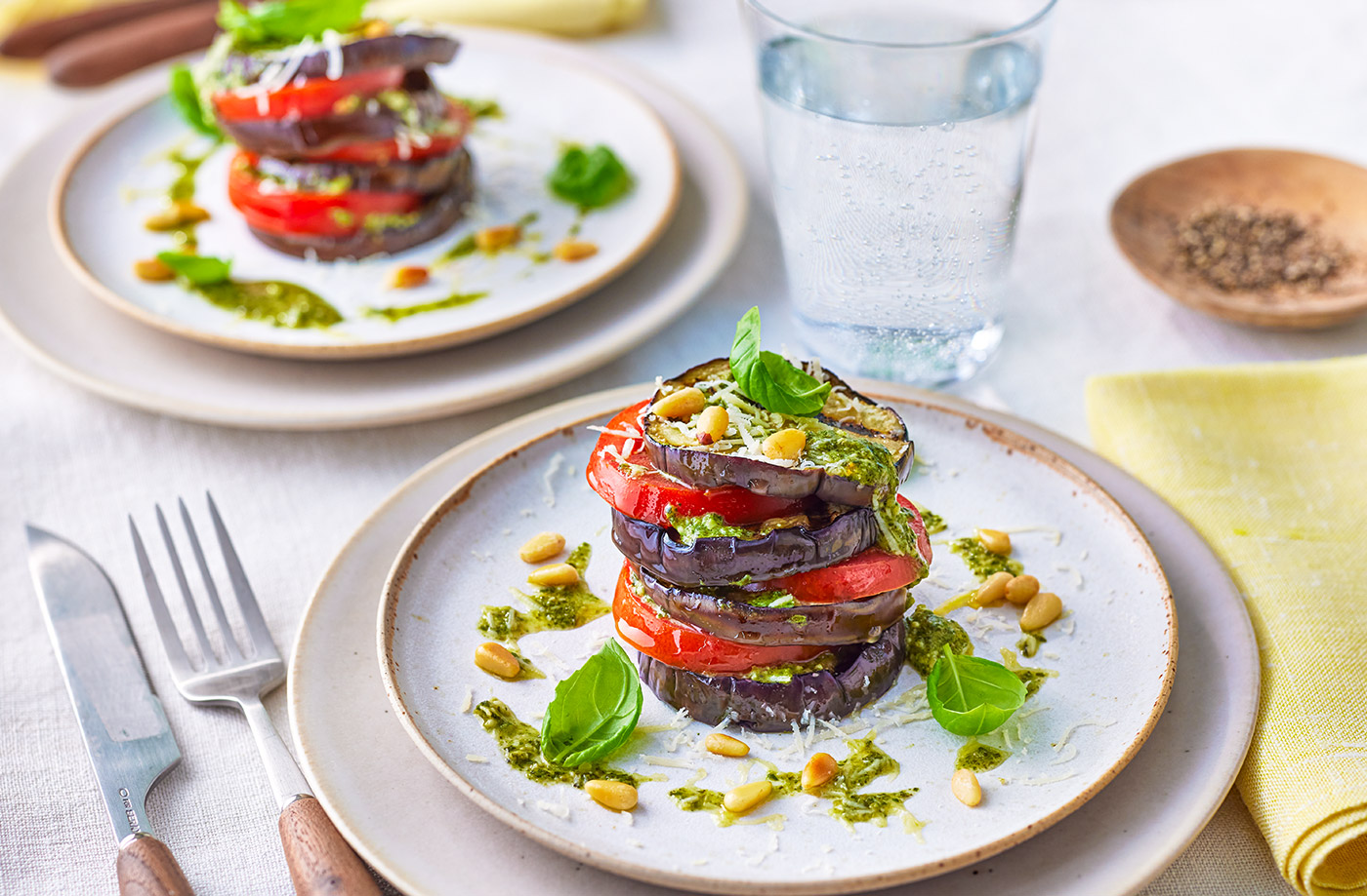 Aubergine, tomato and pesto stack recipe