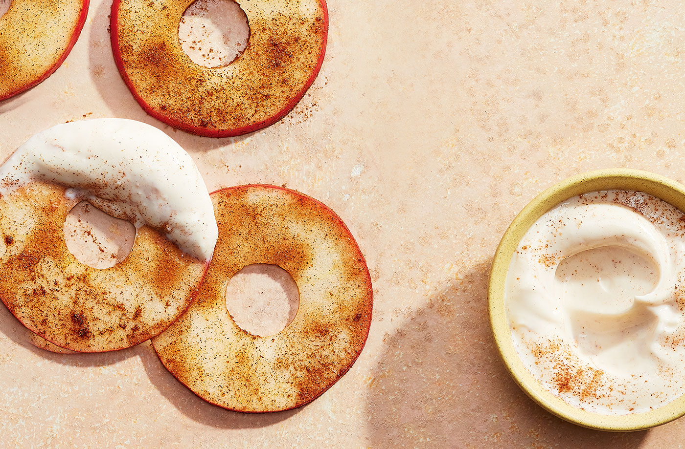 Apple 'doughnuts' with maple-tahini dip recipe