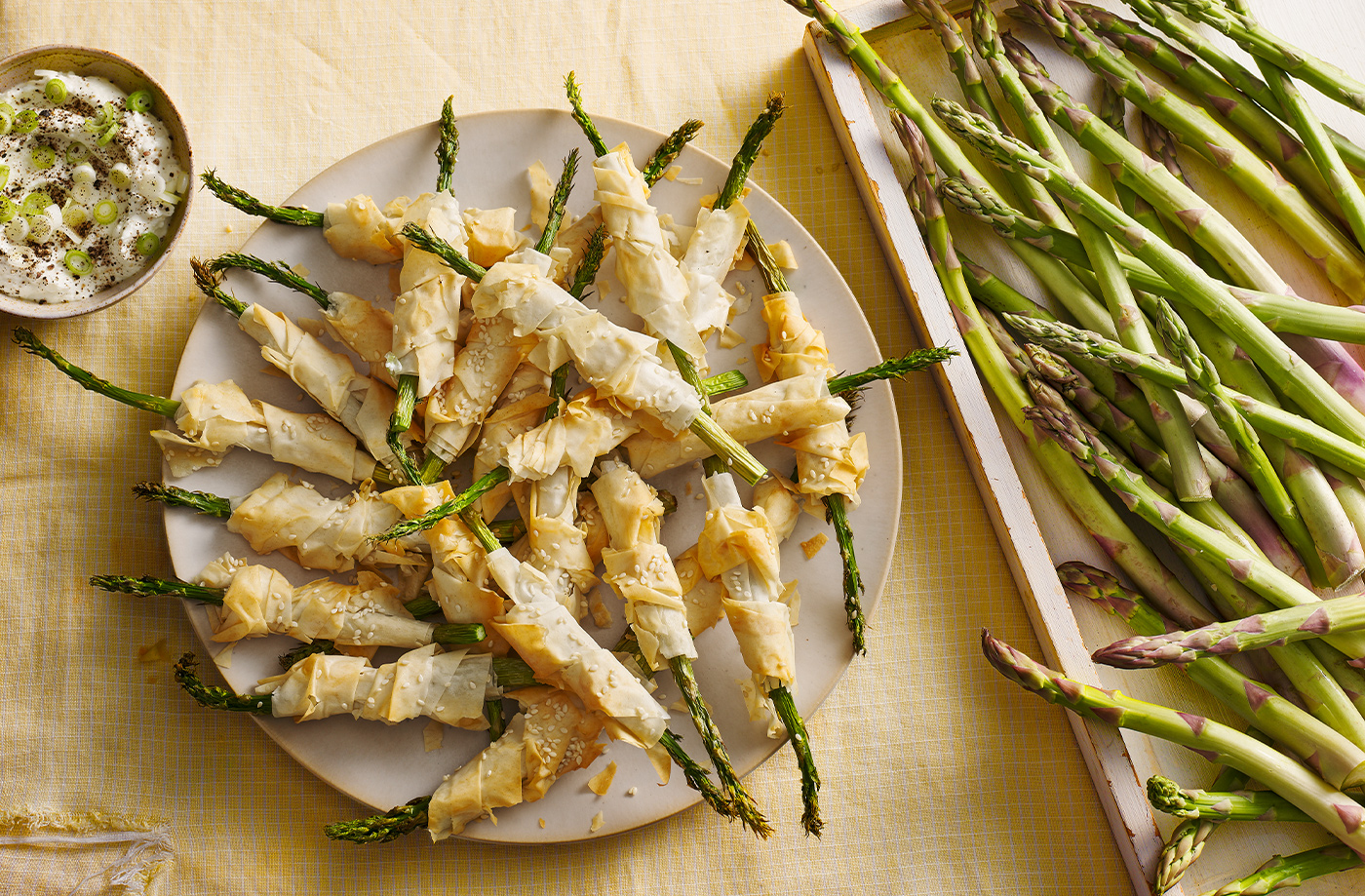 Asparagus 'cigars' with whipped feta dip recipe