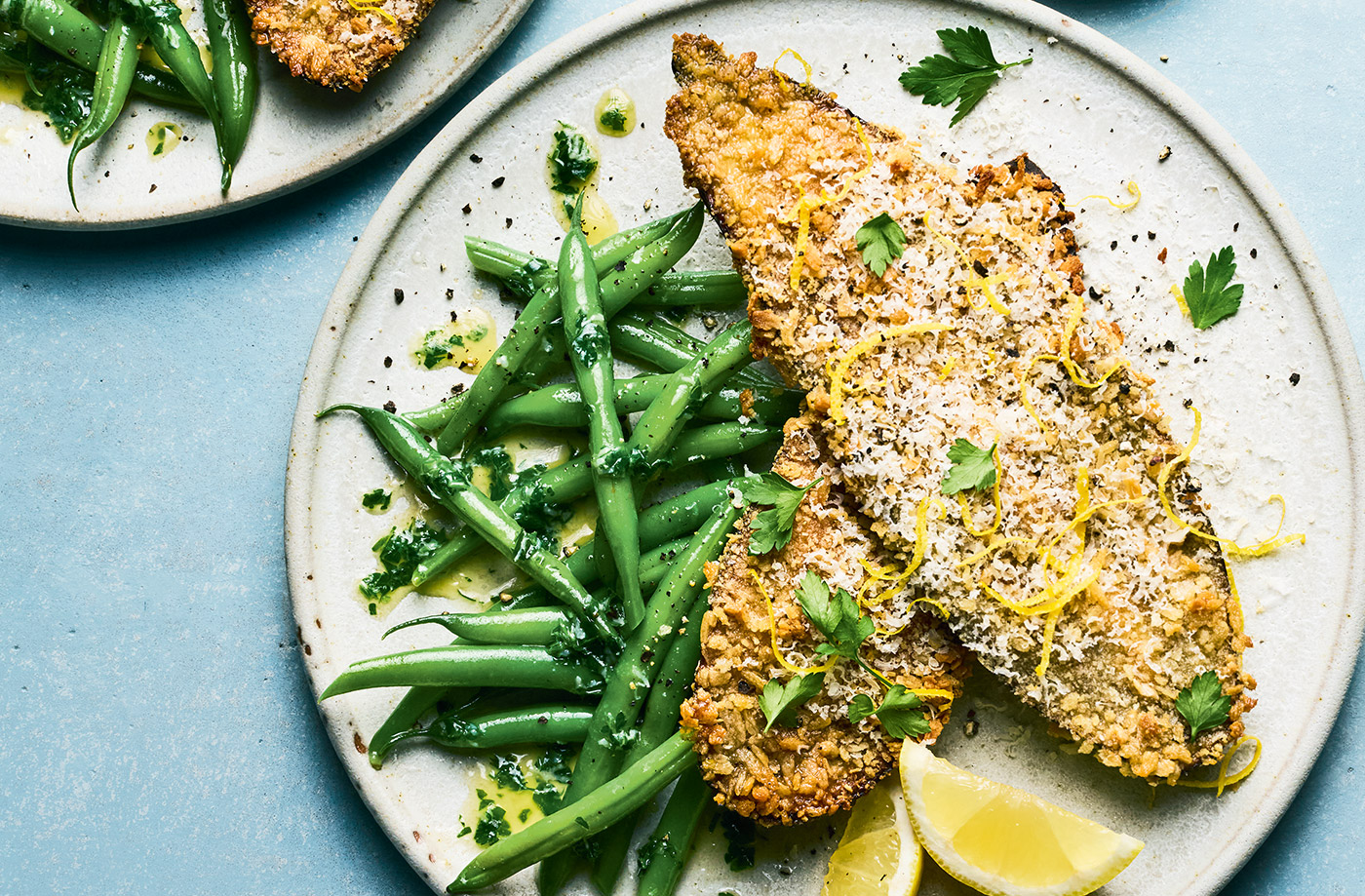 Aubergine schnitzel with garlicky green beans recipe