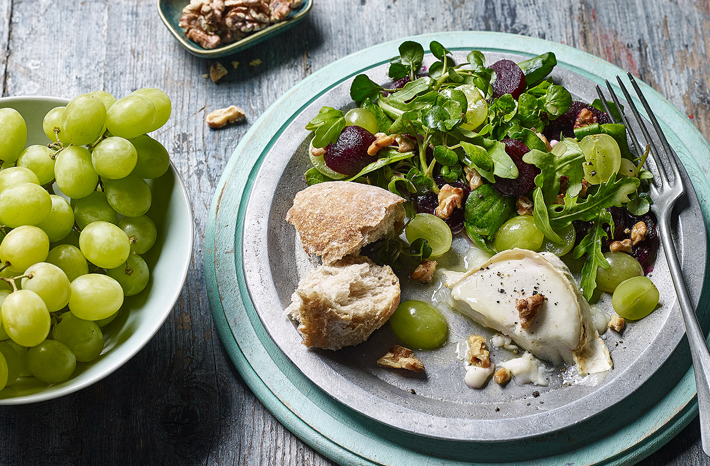 Baked goat's cheese with grape, walnut and beetroot salad recipe
