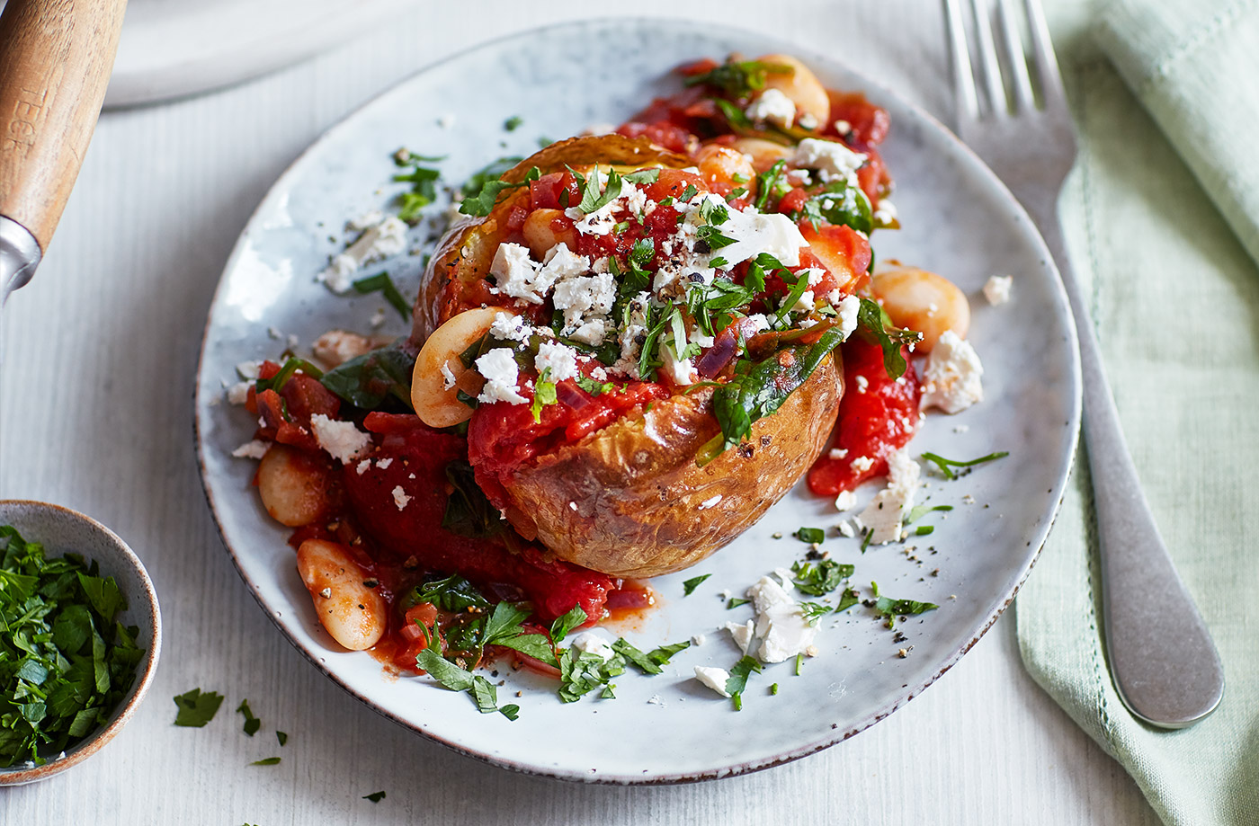 Baked potatoes with tomato butter beans recipe