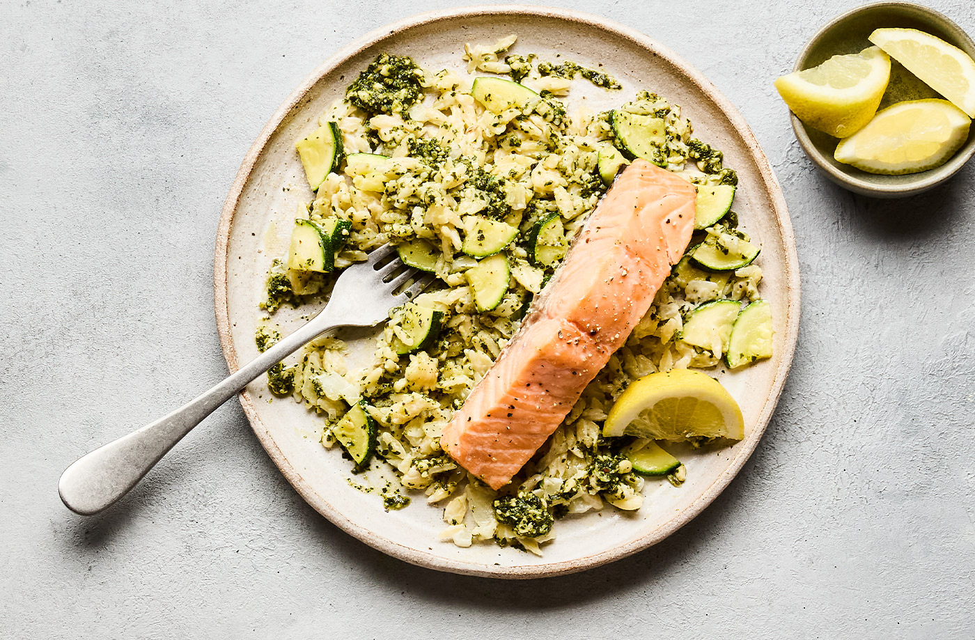 Baked salmon and courgette orzotto recipe