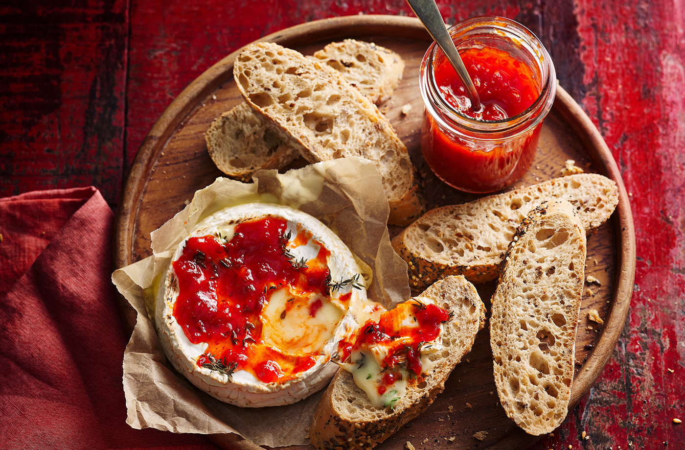 Baked camembert with thyme and chilli relish recipe