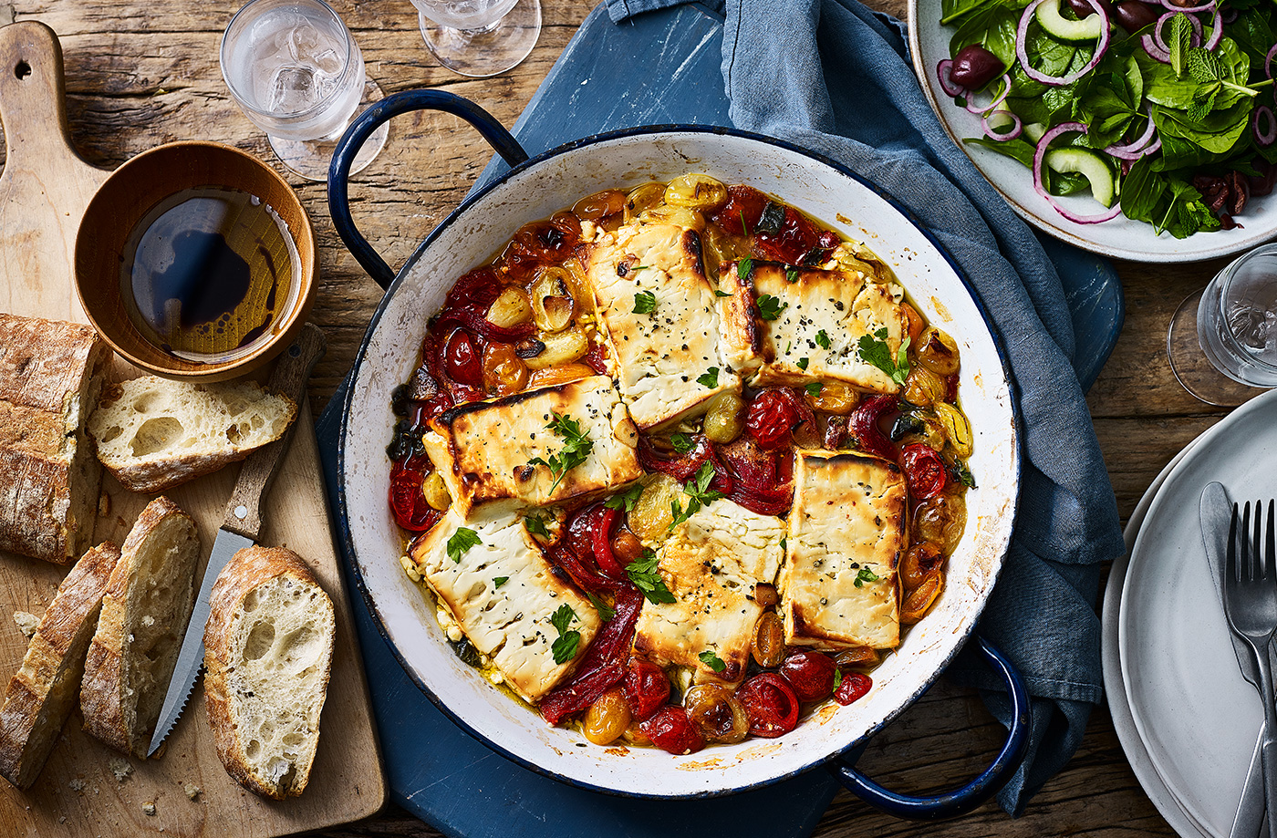 Baked feta and tomatoes with cucumber salad recipe