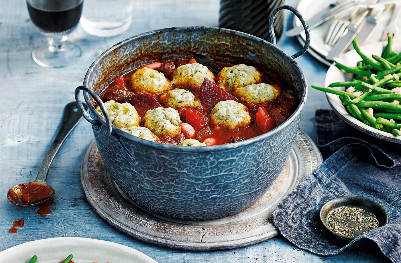 Beef, beetroot and butter bean stew with Stilton dumplings recipe