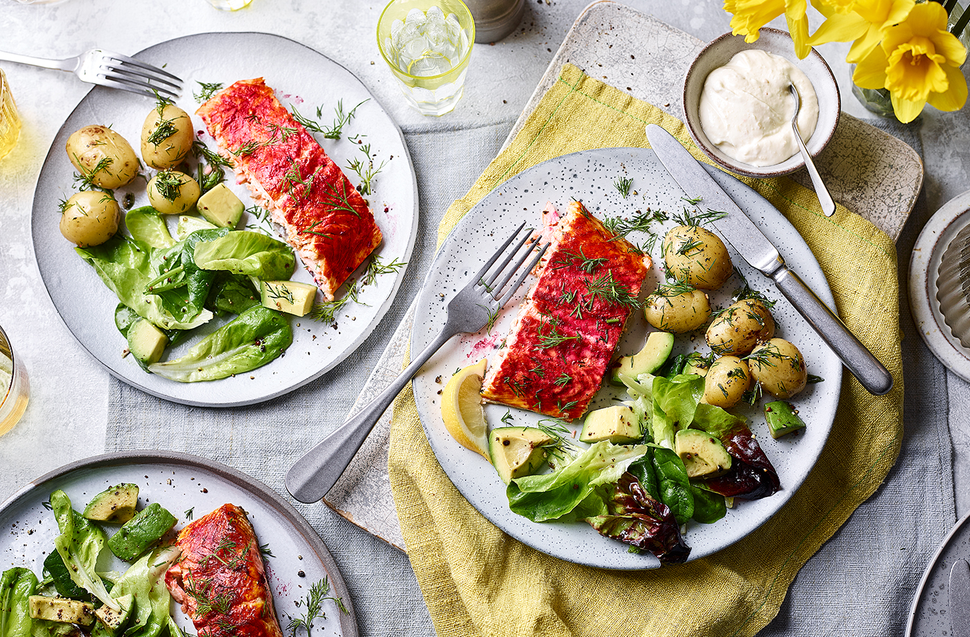 Beetroot-marinated salmon with horseradish cream recipe