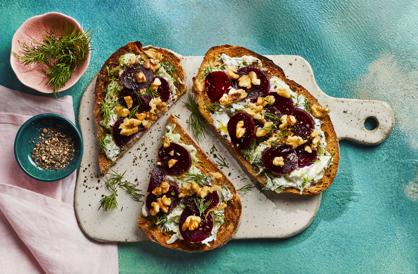 Beetroot rye toasts with dill and cucumber yogurt recipe