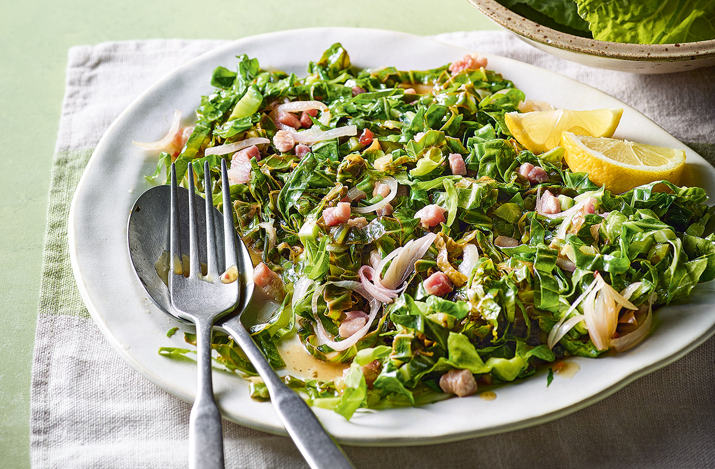 Braised spring greens with bacon recipe
