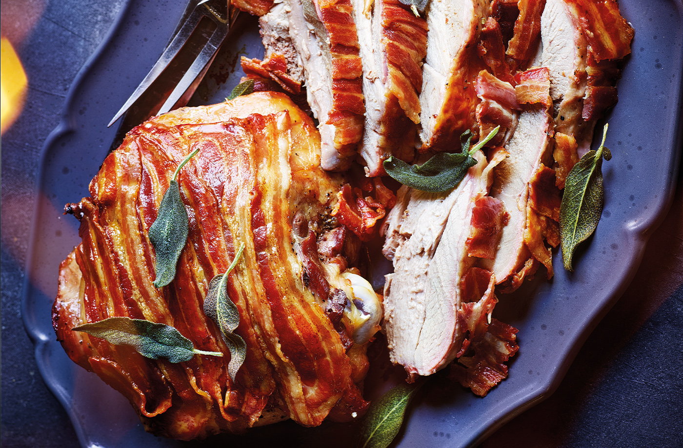 Brined turkey thighs wrapped in bacon with crispy sage recipe