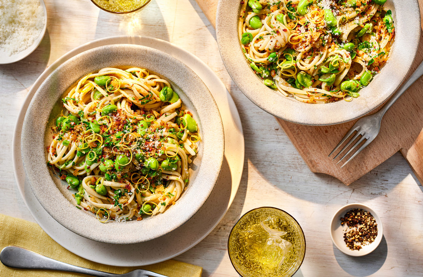 Broad bean and anchovy linguine with a herby pangrattato recipe