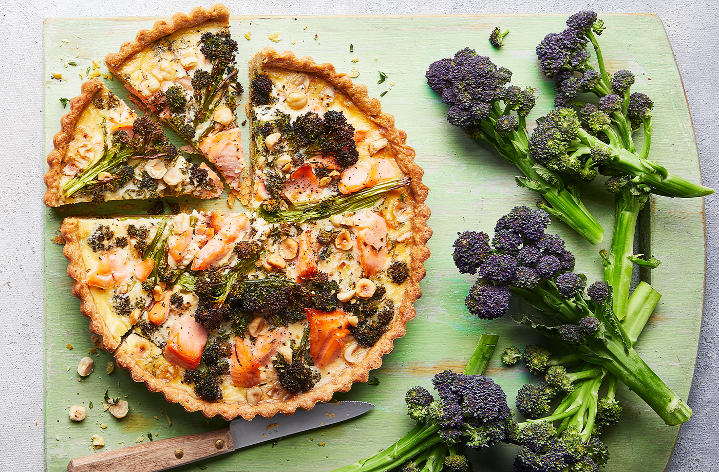 Purple sprouting broccoli, salmon and hazelnut tart recipe