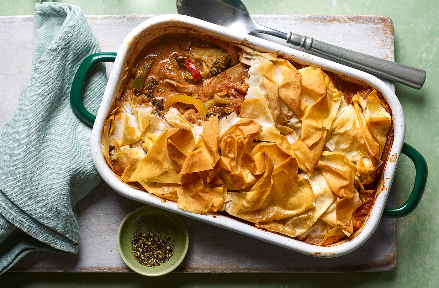 Chicken and greens filo pot pie recipe