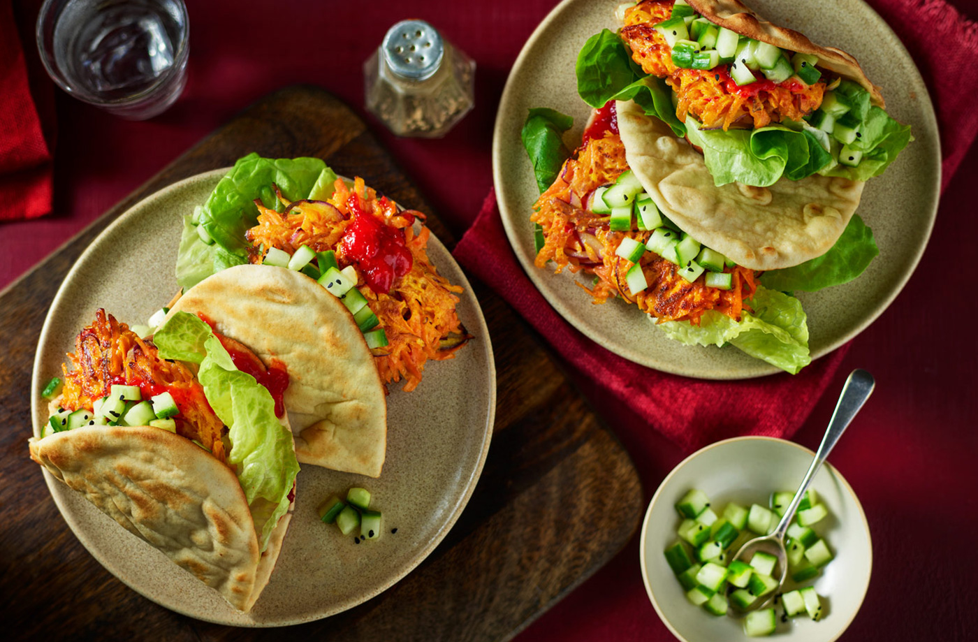 Chilli carrot fritter burgers with cucumber relish recipe