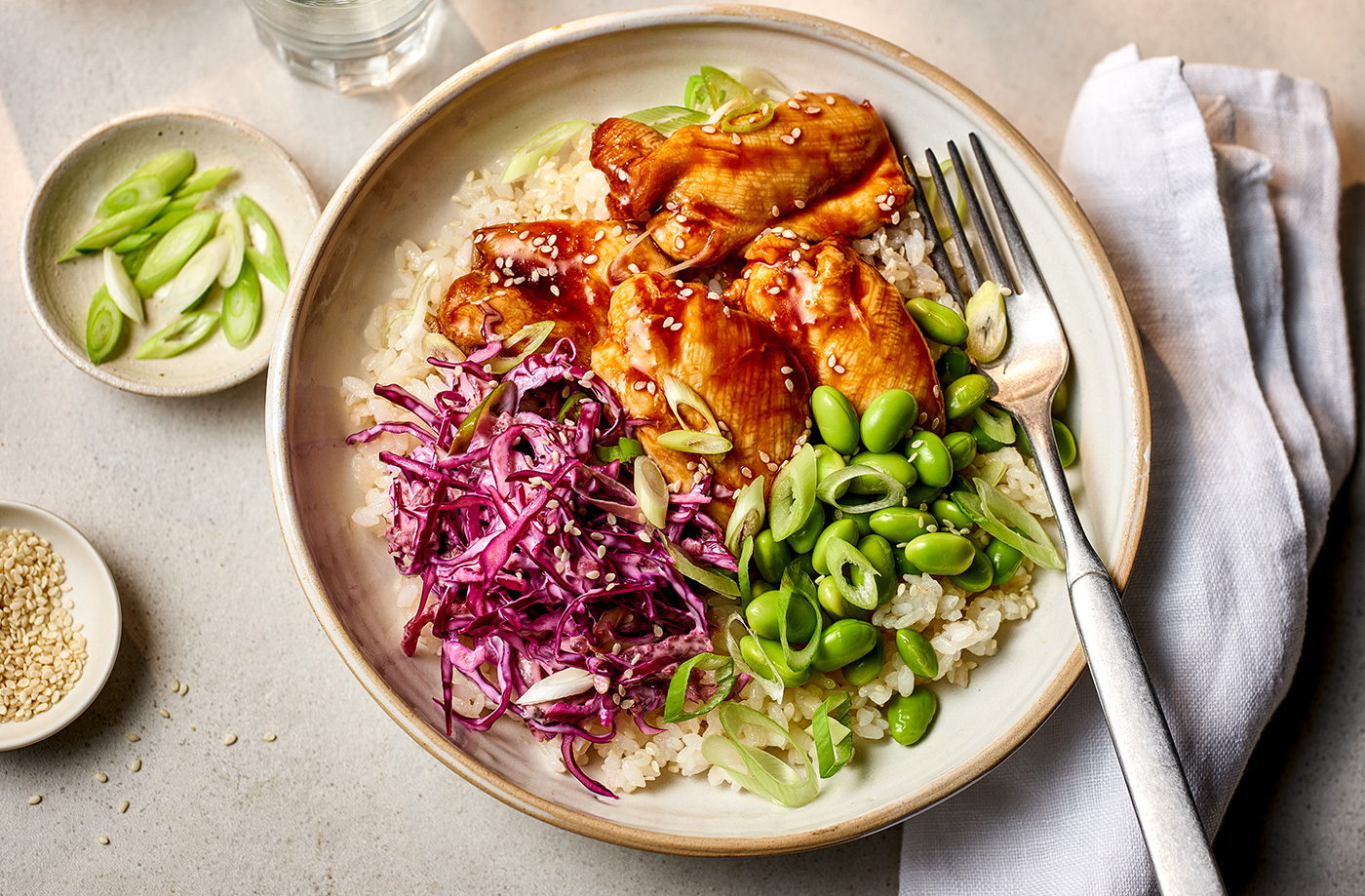 Scott’s chicken teriyaki rice bowl with beetroot and cabbage slaw recipe
