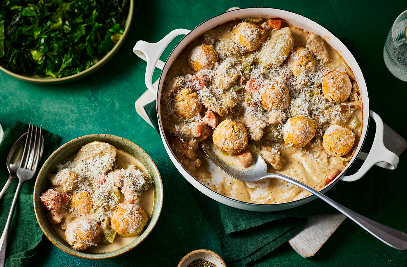 Cacio e pepe-inspired chicken casserole with Parmesan dumplings recipe