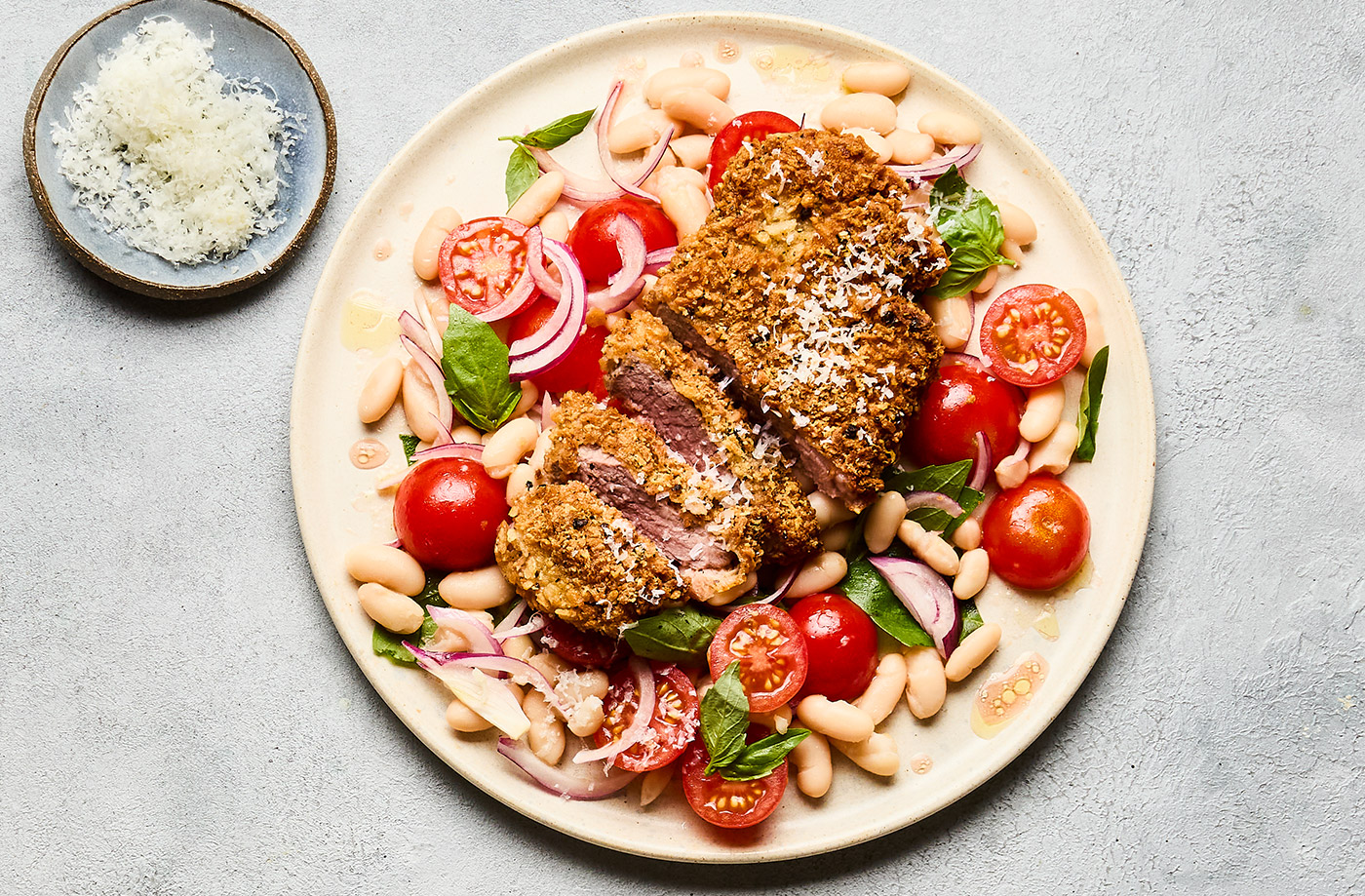 Cacio e pepe lamb with white bean salad recipe