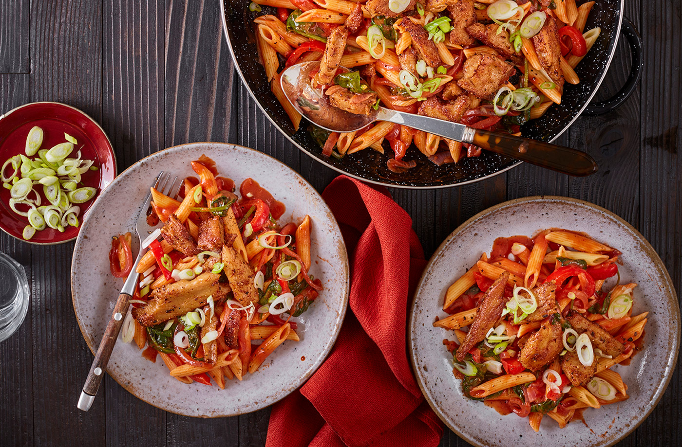 Cajun-spiced vegan 'chicken' pasta recipe
