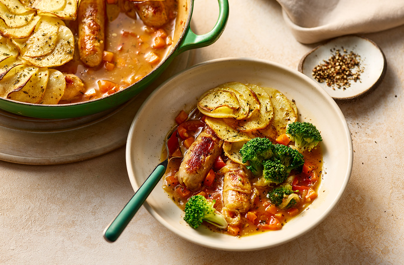 Caramelised onion and sausage hotpot recipe