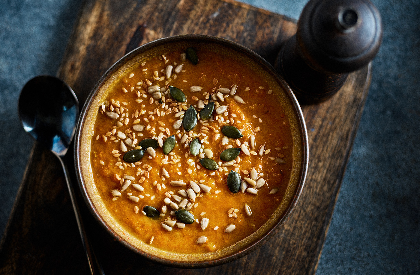 Roasted carrot and apple soup with toasted seeds recipe