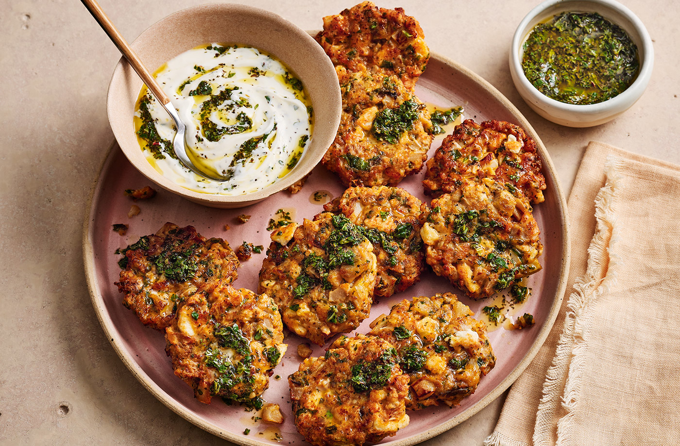 Cauliflower and feta fritters with mint sauce recipe