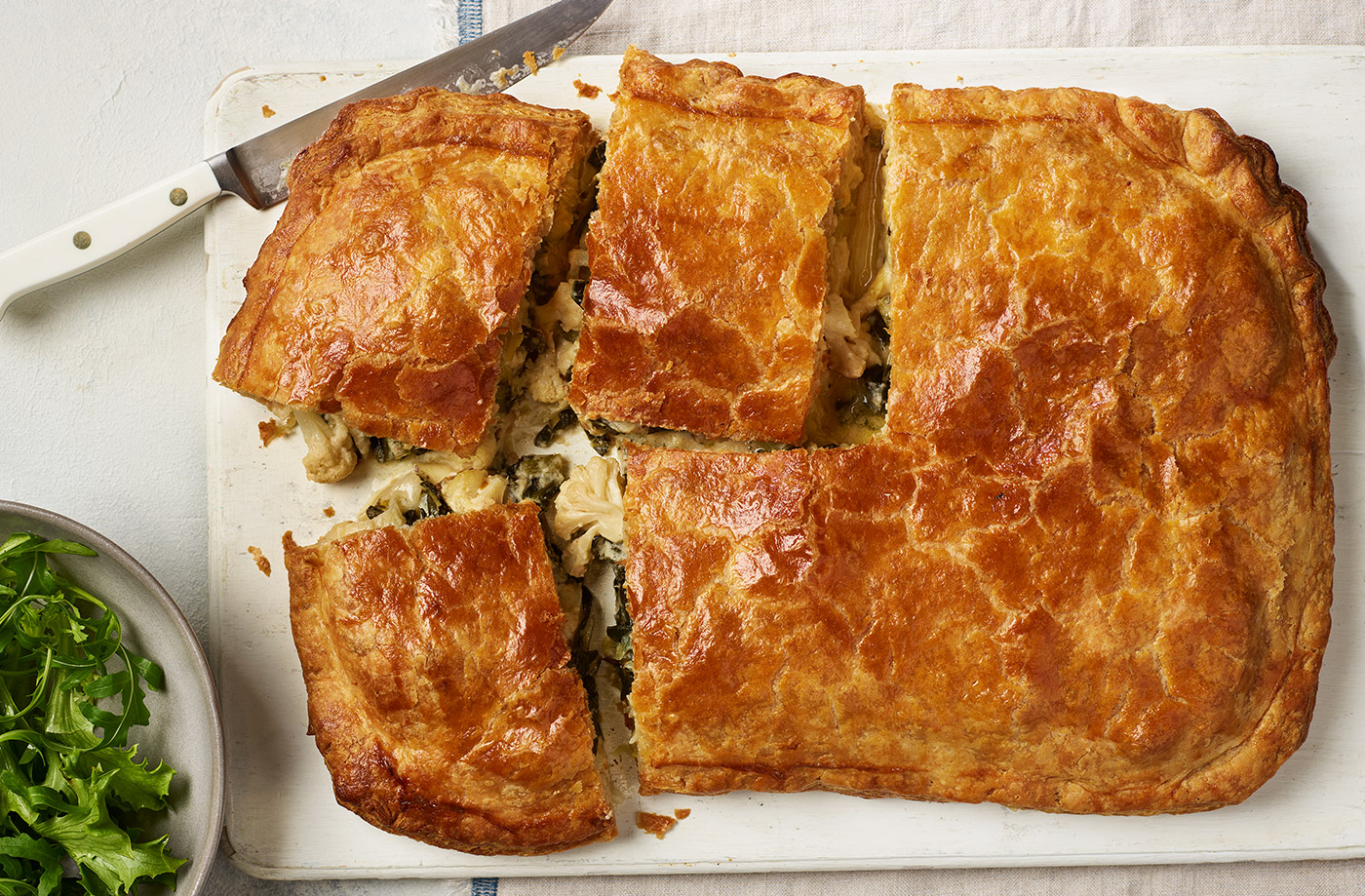 Cauliflower cheese, leek and spring greens pie recipe
