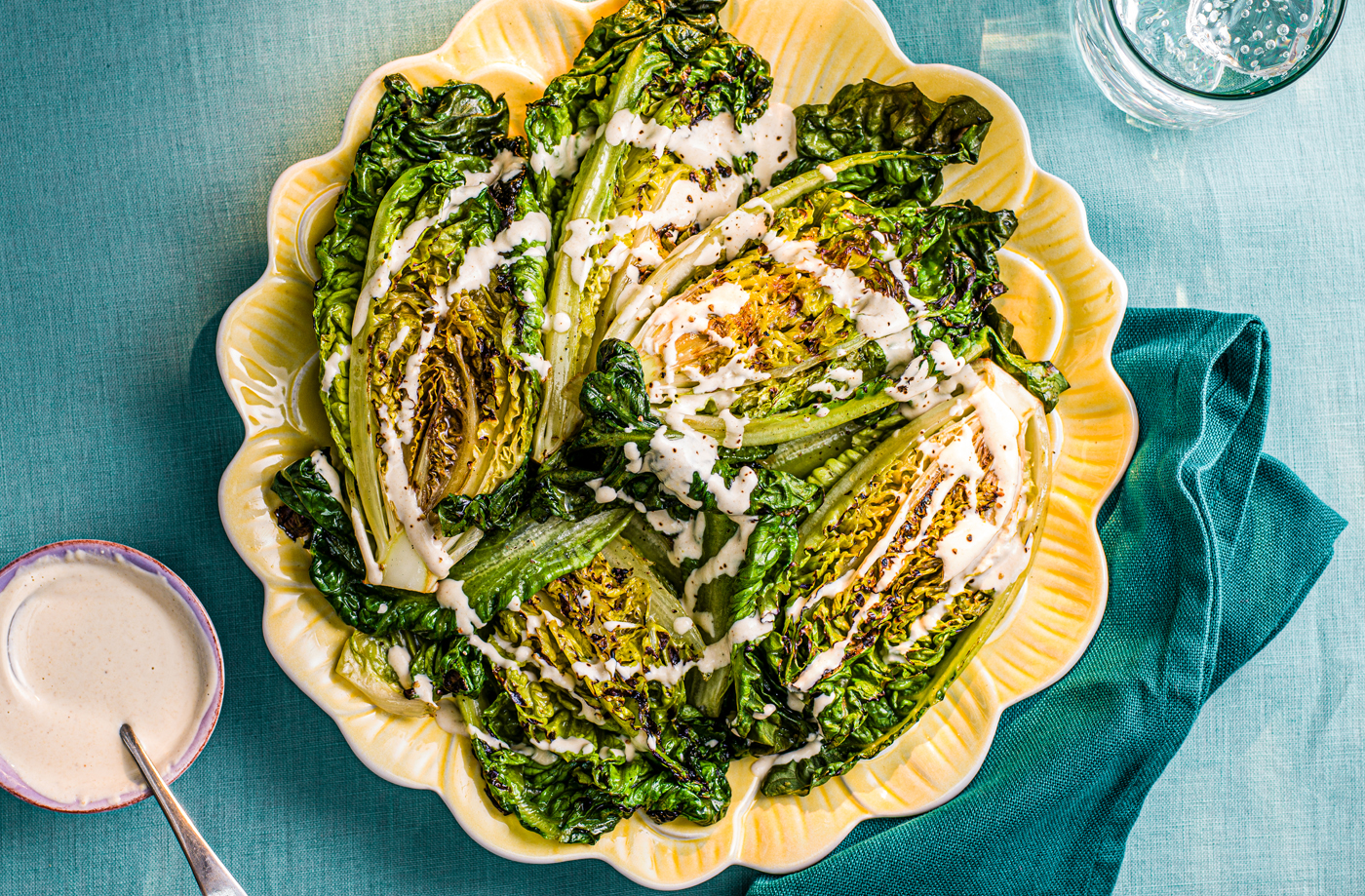 Charred little gems with tahini yogurt sauce recipe