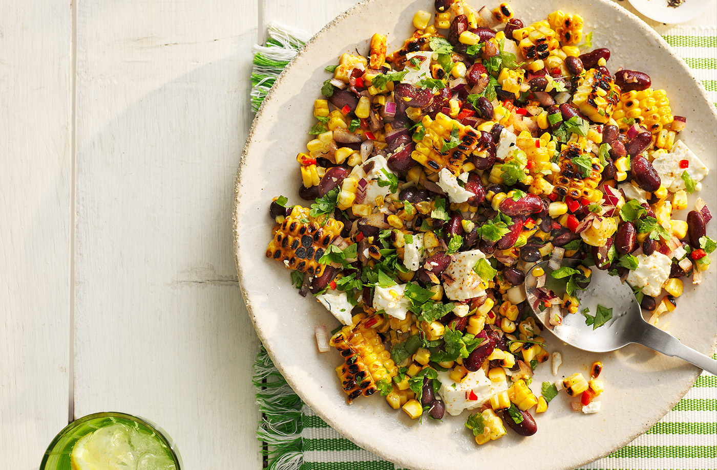 Charred chilli corn and smoky bean salad with sweet potatoes recipe