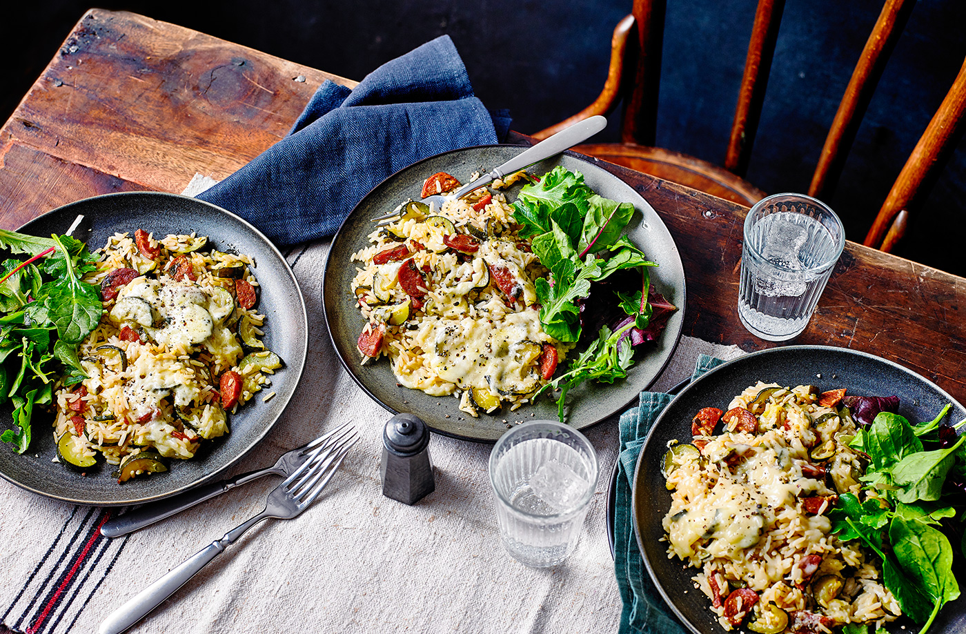 Cheesy chorizo and courgette baked rice recipe