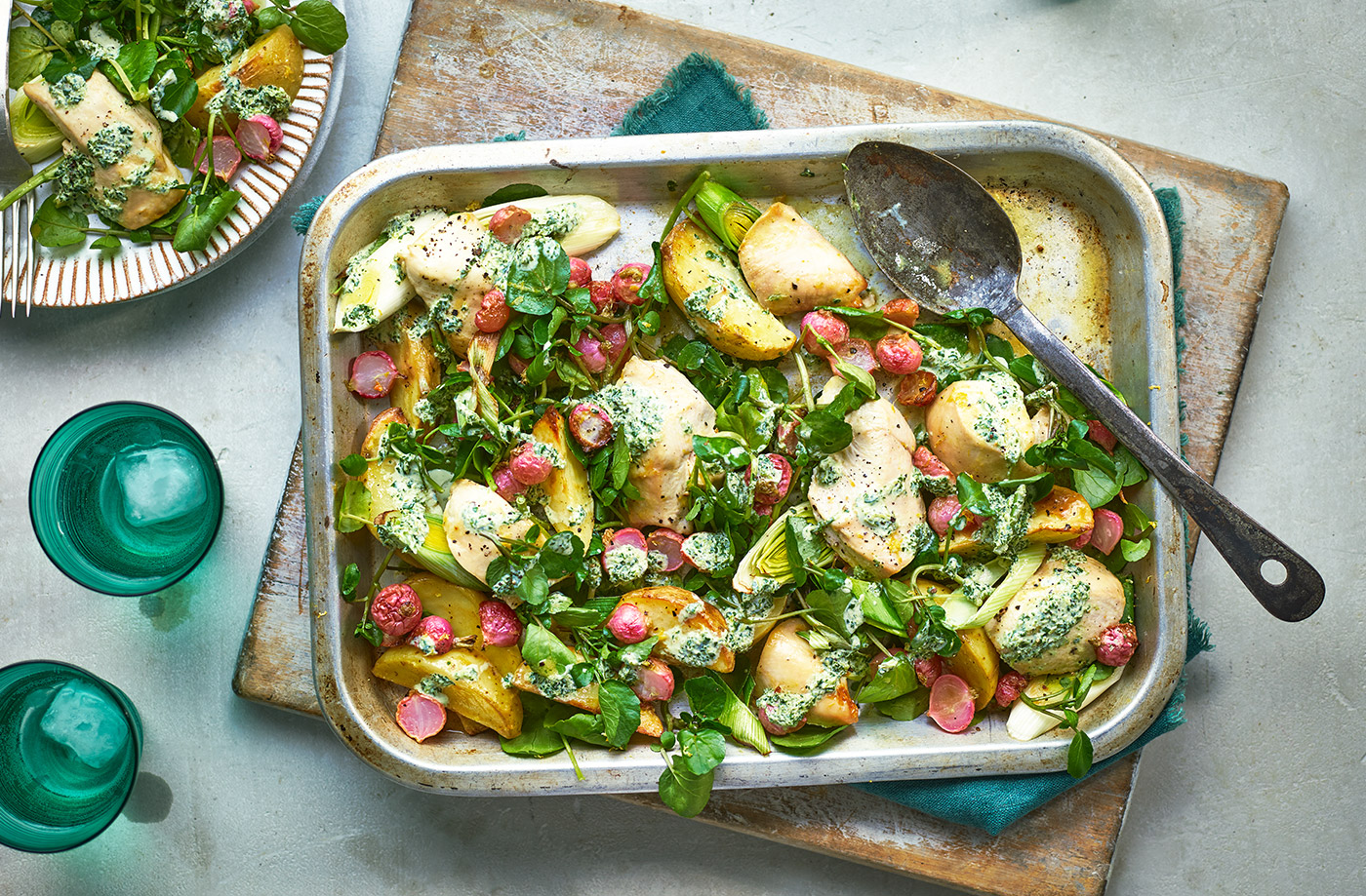 Lemon chicken and watercress traybake recipe