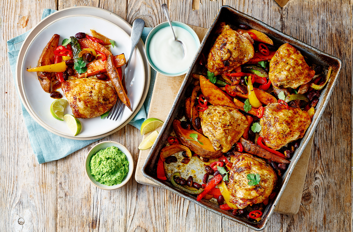 Chicken fajita traybake with pea 'guacamole' recipe