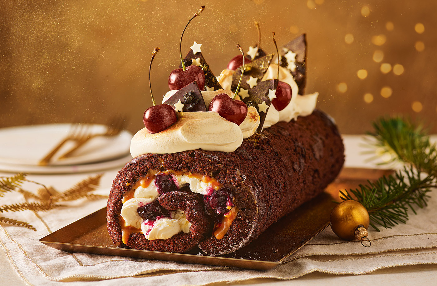 Chocolate cherry roulade with miso caramel recipe