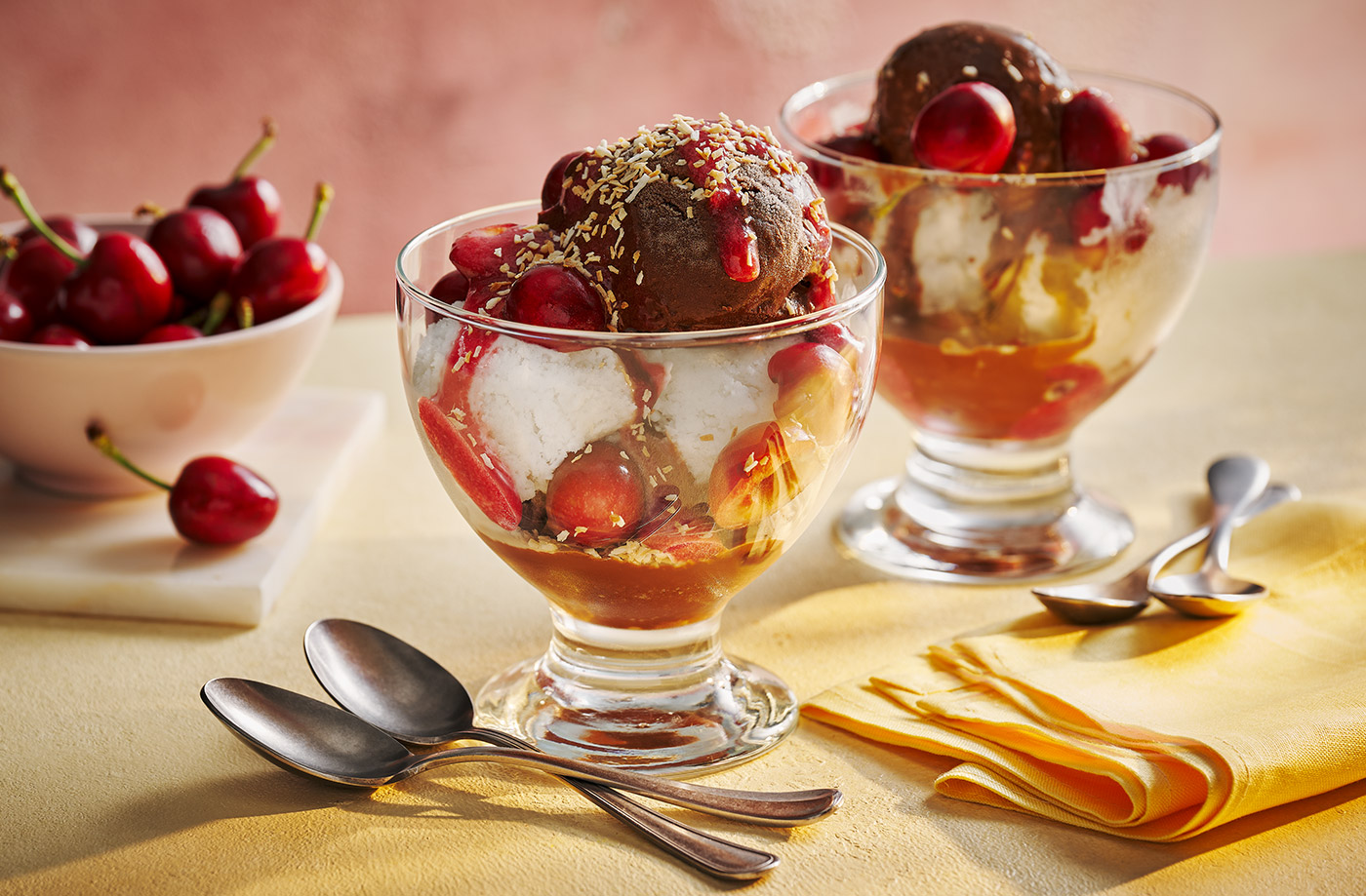 Chocolate, coconut and cherry sorbet sundae recipe