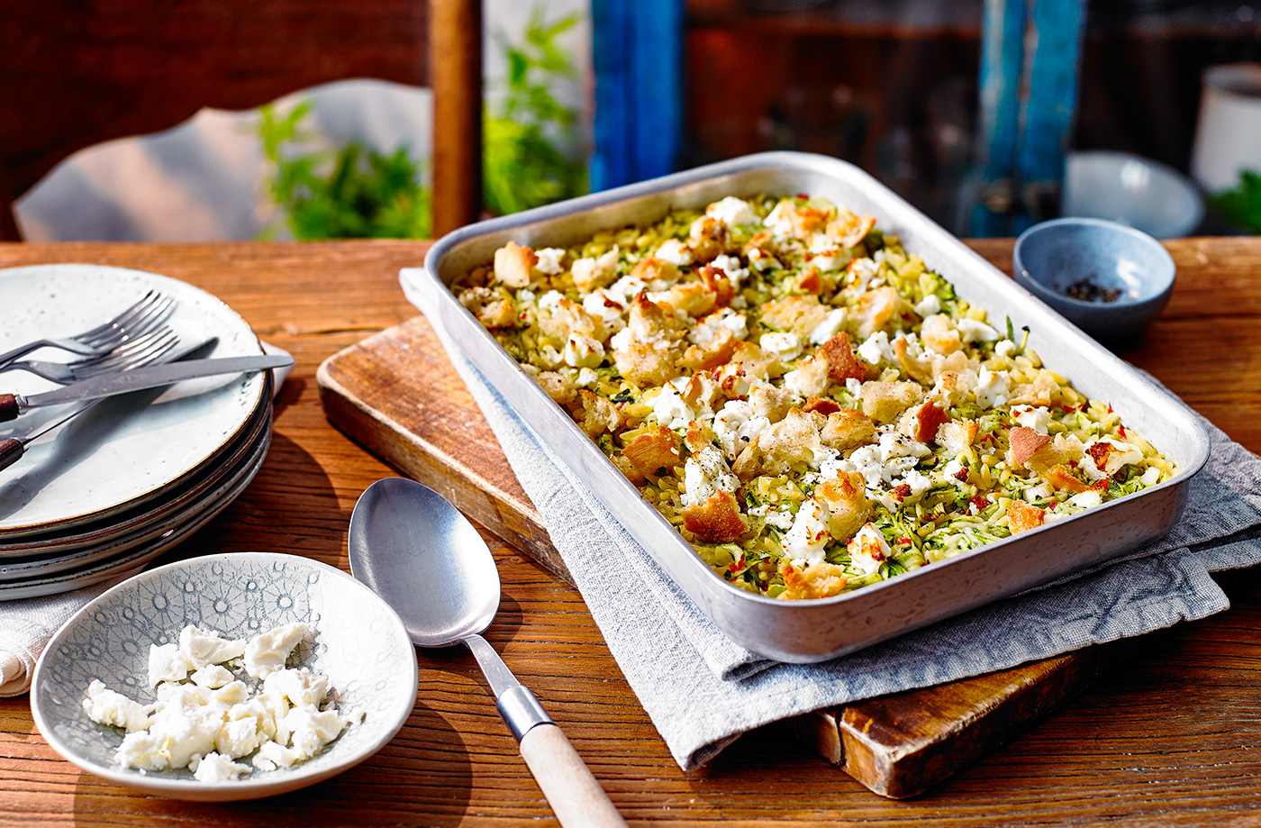 Courgette orzo traybake recipe