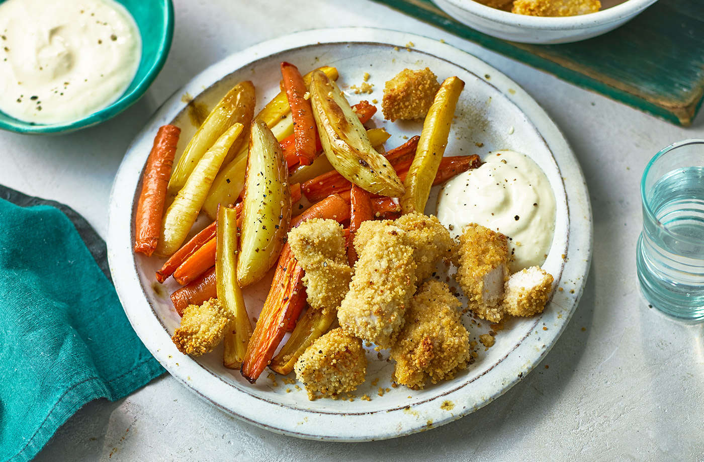 Couscous chicken nuggets and rainbow chips recipe