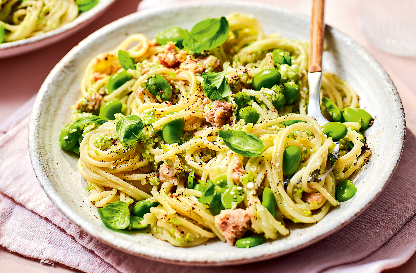 Creamy broad bean and salmon pasta recipe