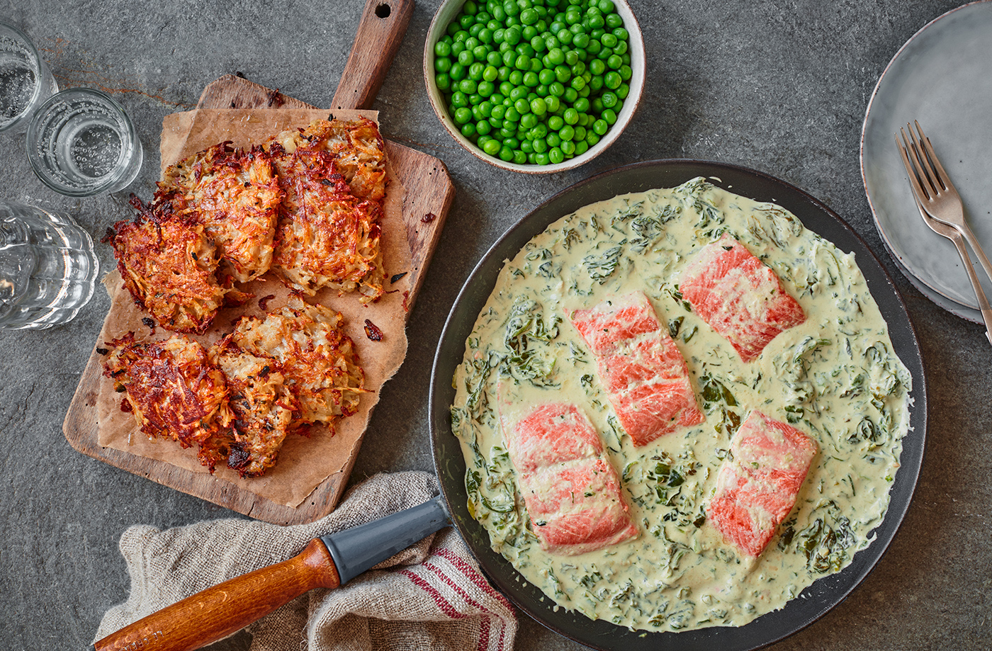Creamy mustard salmon with potato rosti recipe