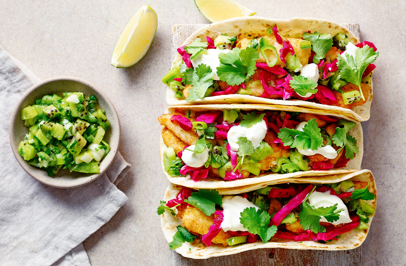 Crispy basa tacos with kiwi salsa recipe