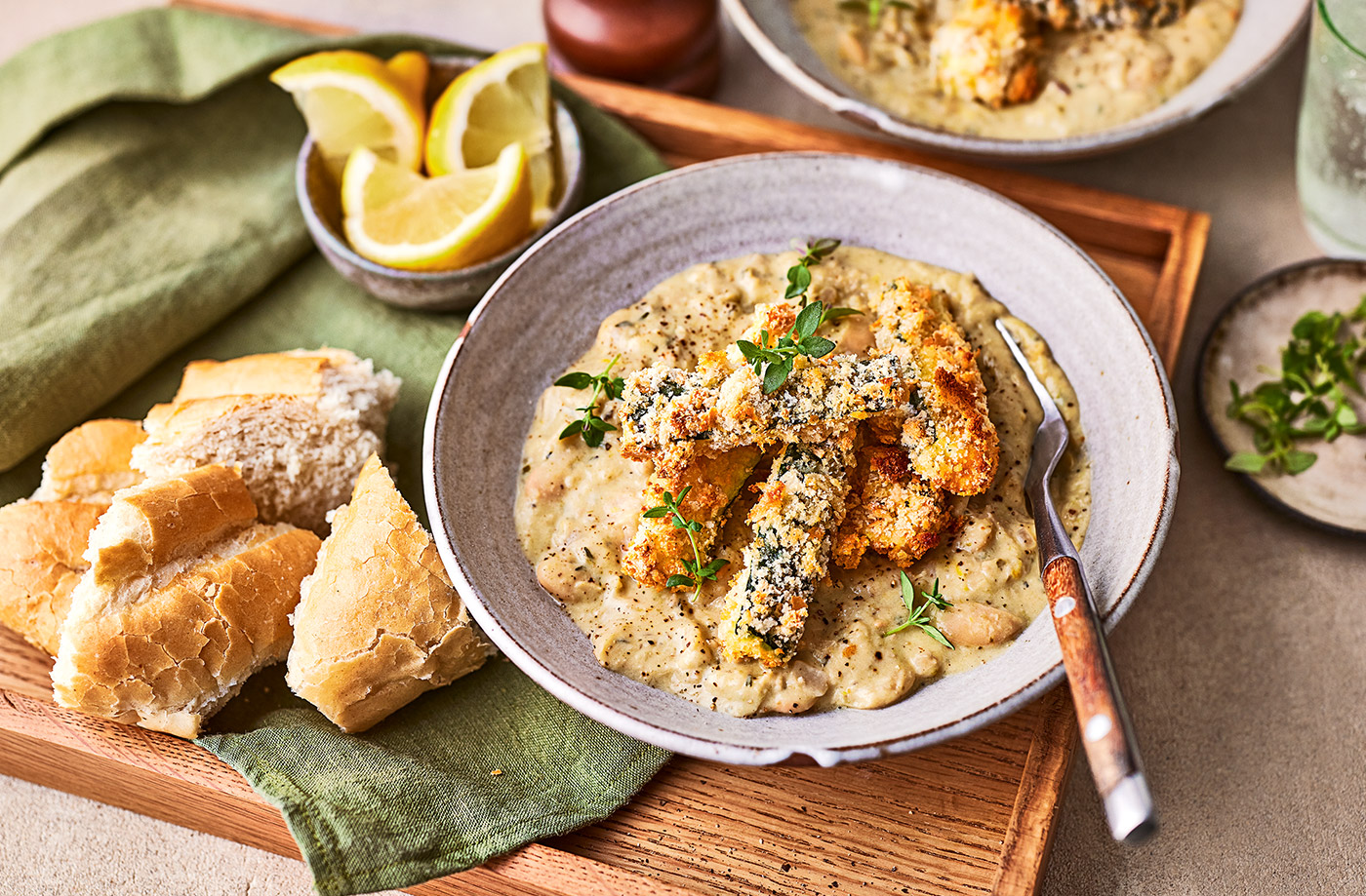 Crispy courgettes with creamy pesto beans recipe
