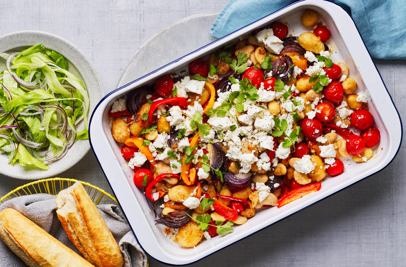 Crispy new potato, pepper and feta traybake recipe